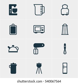 Vector Illustration Of 12 Kitchenware Icons. Editable Pack Of Slicer, Oven, Refrigerator And Other Elements.