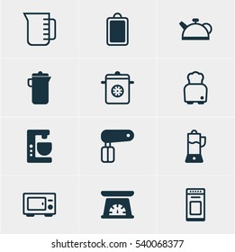Vector Illustration Of 12 Kitchenware Icons. Editable Pack Of Carafe, Whisk, Measuring Tool And Other Elements.