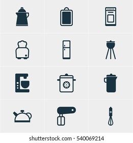 Vector Illustration Of 12 Kitchenware Icons. Editable Pack Of Teakettle, Steamer, Refrigerator And Other Elements.