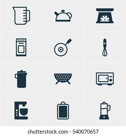 Vector Illustration Of 12 Kitchenware Icons. Editable Pack Of Fruit Squeezer, Teakettle, Carafe And Other Elements.