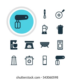 Vector Illustration Of 12 Kitchenware Icons. Editable Pack Of Oven , Measuring Tool, Handmixer Elements.