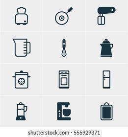 Vector Illustration Of 12 Kitchenware Icons. Editable Pack Of Oven , Carafe, Handmixer Elements.