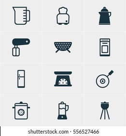 Vector Illustration Of 12 Kitchenware Icons. Editable Pack Of Refrigerator, Carafe, Barbecue And Other Elements.