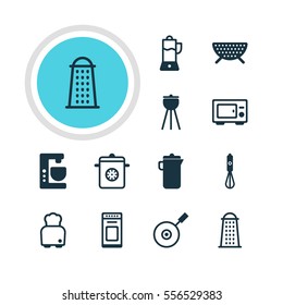 Vector Illustration Of 12 Kitchenware Icons. Editable Pack Of Slicer, Handmixer, Barbecue Elements.