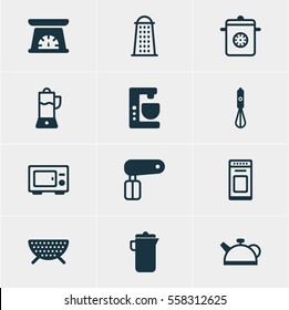 Vector Illustration Of 12 Kitchenware Icons. Editable Pack Of Fruit Squeezer, Handmixer, Oven Elements.