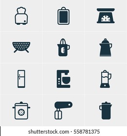 Vector Illustration Of 12 Kitchenware Icons. Editable Pack Of Refrigerator, Sieve, Jug And Other Elements.