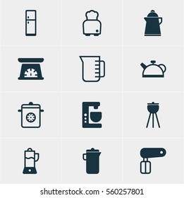 Vector Illustration Of 12 Kitchenware Icons. Editable Pack Of Mixer, Carafe, Barbecue And Other Elements.