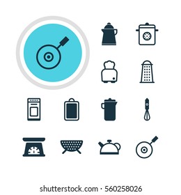 Vector Illustration Of 12 Kitchenware Icons. Editable Pack Of Tea, Skillet, Slicer And Other Elements.