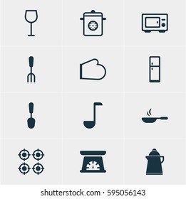 Vector Illustration Of 12 Kitchenware Icons. Editable Pack Of Fork, Wine, Steamer And Other Elements.