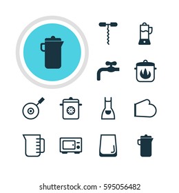 Vector Illustration Of 12 Kitchenware Icons. Editable Pack Of Wine Opener, Carafe, Oven And Other Elements.