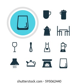 Vector Illustration Of 12 Kitchenware Icons. Editable Pack Of Fruit Squeezer, Extractor Appliance, Glass Cup And Other Elements.
