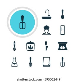 Vector Illustration Of 12 Kitchenware Icons. Editable Pack Of Handmixer, Refrigerator , Measuring Tool Elements.