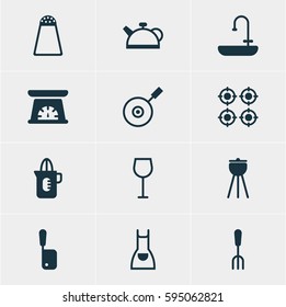 Vector Illustration Of 12 Kitchenware Icons. Editable Pack Of Skillet ,  Shaker, Washstand Elements.
