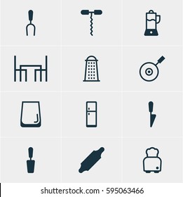 Vector Illustration Of 12 Kitchenware Icons. Editable Pack Of Kitchen Dagger, Fruit Squeezer, Slicer And Other Elements.