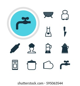 Vector Illustration Of 12 Kitchenware Icons. Editable Pack Of Tea, Soup Pan, Smock And Other Elements.
