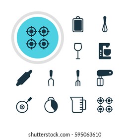 Vector Illustration Of 12 Kitchenware Icons. Editable Pack Of Bakery Roller, Furnace, Whisk And Other Elements.