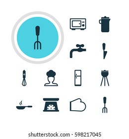 Vector Illustration Of 12 Kitchenware Icons. Editable Pack Of Kitchen Dagger, Oven Mitts, Frying Pan And Other Elements.