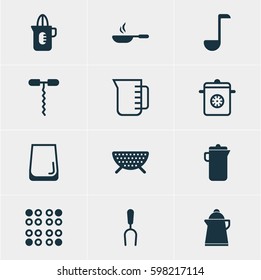 Vector Illustration Of 12 Kitchenware Icons. Editable Pack Of Steamer, Frying Pan, Wine Opener And Other Elements.