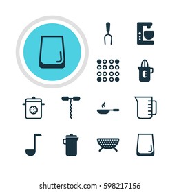 Vector Illustration Of 12 Kitchenware Icons. Editable Pack Of Wine Opener, Cooker, Barbecue Tool And Other Elements.