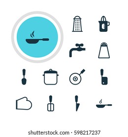 Vector Illustration Of 12 Kitchenware Icons. Editable Pack Of Faucet, Slicer, Cooking Spade And Other Elements.