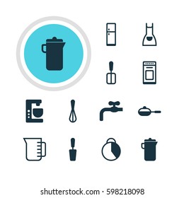 Vector Illustration Of 12 Kitchenware Icons. Editable Pack Of Refrigerator, Oven, Cooking Spade And Other Elements.
