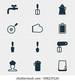 Vector Illustration Of 12 Kitchenware Icons. Editable Pack Of Glass Cup, Skillet, Spatula And Other Elements.