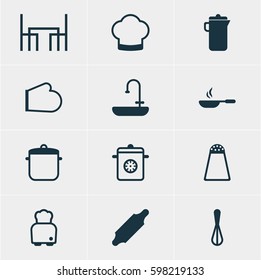 Vector Illustration Of 12 Kitchenware Icons. Editable Pack Of Bread, Corolla, Soup Pan And Other Elements.
