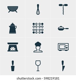 Vector Illustration Of 12 Kitchenware Icons. Editable Pack Of Tea, Cook, Measuring Tool And Other Elements.