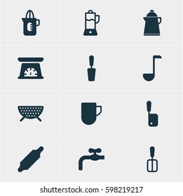 Vector Illustration Of 12 Kitchenware Icons. Editable Pack Of Spatula, Fruit Squeezer, Tea Cup And Other Elements.