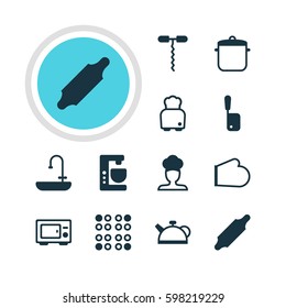 Vector Illustration Of 12 Kitchenware Icons. Editable Pack Of Butcher Knife, Teakettle, Oven Mitts And Other Elements.