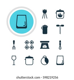 Vector Illustration Of 12 Kitchenware Icons. Editable Pack Of Stewpot , Handmixer, Measuring Tool Elements.