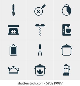 Vector Illustration Of 12 Kitchenware Icons. Editable Pack Of Stewpot, Teakettle, Skillet And Other Elements.