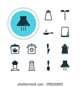 Vector Illustration Of 12 Kitchenware Icons. Editable Pack Of Glass Cup, Stewpot, Tea And Other Elements.