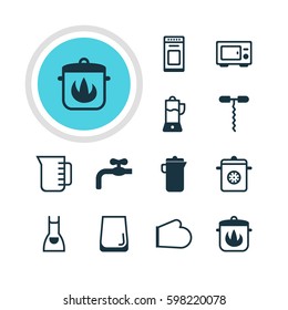 Vector Illustration Of 12 Kitchenware Icons. Editable Pack Of Oven Mitts, Faucet, Oven And Other Elements.
