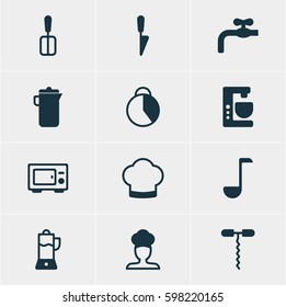 Vector Illustration Of 12 Kitchenware Icons. Editable Pack Of Wine Opener, Jug, Kitchen Dagger And Other Elements.