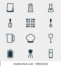 Vector Illustration Of 12 Kitchenware Icons. Editable Pack Of Cooker, Chef Hat, Smock And Other Elements.