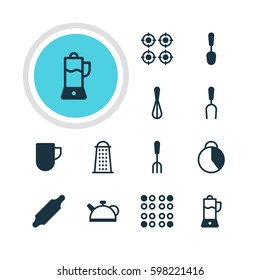 Vector Illustration Of 12 Kitchenware Icons. Editable Pack Of Teakettle, Furnace, Timekeeper And Other Elements.