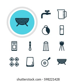 Vector Illustration Of 12 Kitchenware Icons. Editable Pack Of Skillet , Handmixer, Faucet Elements.