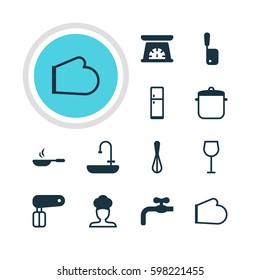 Vector Illustration Of 12 Kitchenware Icons. Editable Pack Of Cook, Oven Mitts, Butcher Knife And Other Elements.