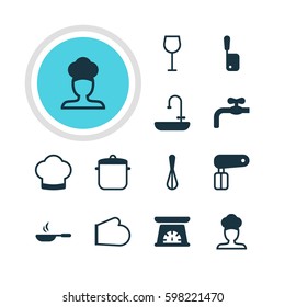 Vector Illustration Of 12 Kitchenware Icons. Editable Pack Of Wine, Cook, Chef Hat And Other Elements.