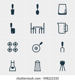 Vector Illustration Of 12 Kitchenware Icons. Editable Pack Of Spatula, Butcher Knife, Carafe And Other Elements.