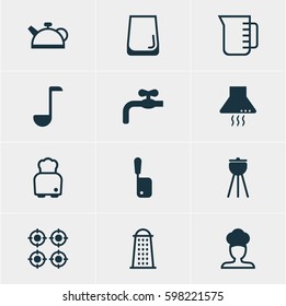 Vector Illustration Of 12 Kitchenware Icons. Editable Pack Of Glass Cup, Carafe, Furnace And Other Elements.