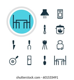Vector Illustration Of 12 Kitchenware Icons. Editable Pack Of Handmixer, Dinner Table, Tablespoon Elements.