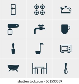 Vector Illustration Of 12 Kitchenware Icons. Editable Pack Of Spatula, Oven, Whisk And Other Elements.