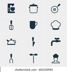 Vector Illustration Of 12 Kitchenware Icons. Editable Pack Of Teakettle, Cooking Spade, Faucet And Other Elements.
