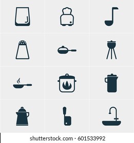 Vector Illustration Of 12 Kitchenware Icons. Editable Pack Of Frying Pan , Butcher Knife, Washstand Elements.