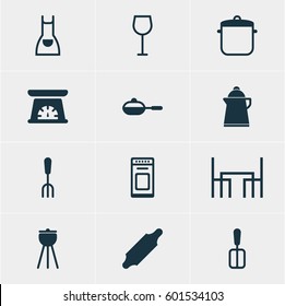 Vector Illustration Of 12 Kitchenware Icons. Editable Pack Of Dinner Table, Smock, Bakery Roller And Other Elements.