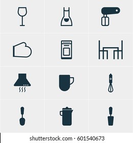 Vector Illustration Of 12 Kitchenware Icons. Editable Pack Of Whisk, Spatula, Oven Mitts And Other Elements.