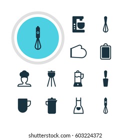 Vector Illustration Of 12 Kitchenware Icons. Editable Pack Of Mixer, Jug, Smock And Other Elements.