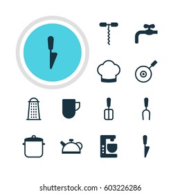 Vector Illustration Of 12 Kitchenware Icons. Editable Pack Of Mixer, Chef Hat, Teakettle And Other Elements.